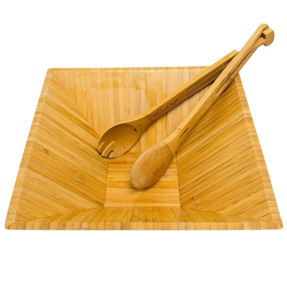 The Pampered Chef 11" Bamboo Wood Squared Salad Bowl Serving Set w/Tongs Retired